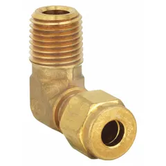 This brass compression fitting elbow connects 3/8 in OD tubing to a 3/8 in male NPT threaded port. It is a single-ferrule design for tube-to-pipe connections in fluid systems. The fitting is made of brass and has a Compression x MNPT configuration.