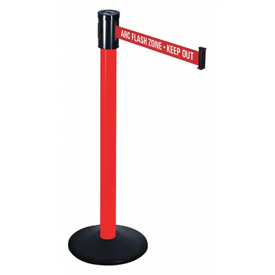 RETRACTA-BELT Barrier Post with Belt: Red, No Pattern, ARC Flash Zone - Keep Out, 15 ft Belt Lg - Message Retractable Belt Post Barriers