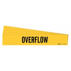 Yellow adhesive pipe marker with black legend text reading 'Overflow'. Designed for pipes with outer diameter of 8 inches and larger. Supplied without arrows in a pack of 5. Used to identify overflow pipes in industrial facilities.