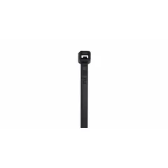 Black heat-stabilized cable tie with 8-inch nominal length, 2-inch maximum bundle diameter, and 0.19-inch width. Rated for outdoor use, suitable for bundling and securing wires and cables in environments exposed to sunlight and weather. Pack of 100.