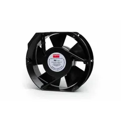 Standard oblong axial fan with 6 3/4 in height and 2 in depth. Operates on 230V AC with terminal connections. Aluminum construction with IP33 enclosure rating. Used for cooling and ventilation in industrial enclosures, control panels, and electronic cabinets.