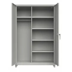This industrial combination cabinet measures 48 in x 24 in x 75 in and is supplied assembled in gray with legs. It features 4 adjustable shelves and hanging rods, allowing versatile storage for tools, parts, and equipment in warehouses, factories, and workshops. The swing handle with padlock hasp provides secure storage.