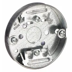 Round steel ceiling box with 1/2 in depth and 1-gang capacity. Features NMSC clamp for securing non-metallic sheathed cable. Supplied without bracket for use in new construction or retrofit installations where a separate bracket is not required.