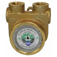 Low-lead brass body rotary vane pump head with 3/8" NPT ports and carbon vanes. Maximum flow 40 gph. Includes standard relief valve. NSF 169 listed. Used in beverage carbonation systems and other applications requiring transfer of potable water or food-grade liquids.
