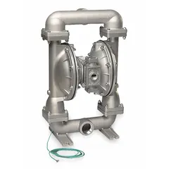 This 2-inch NPT natural gas-operated double diaphragm pump features an aluminum housing and PTFE valve, delivering up to 150 gpm with a maximum head of 231 ft. It is suited for fluid transfer in industrial and chemical processes.