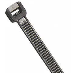 Black nylon cable ties for bundling and securing wires, cables, and hoses. Rated for outdoor use with UV resistance. Each tie has a 10-inch length, 2 3/4-inch maximum bundle diameter, and 0.14-inch width. Sold in packs of 1,000.