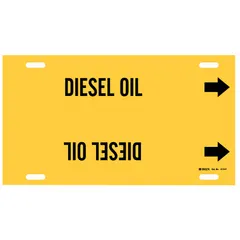 Yellow strap-on pipe marker with black legend reading 'Diesel Oil' and directional arrows. Fits pipe outer diameters from 6 to 7-7/8 inches. Used to identify diesel oil lines in industrial piping systems, aiding in compliance with pipe-labeling standards.