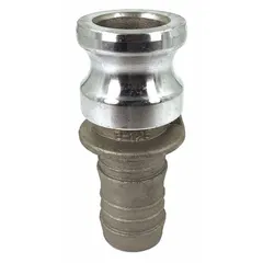 This Type E aluminum cam and groove adapter features a male hose shank fitting with a 1-1/4 in coupling size and 1-1/4 in hose fitting size. It is used to connect hoses in fluid transfer systems, providing quick and secure connections for water, chemical, or petroleum handling.