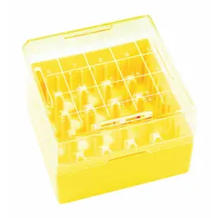 Resin freezer box for organizing and protecting samples in freezer environments. Overall length 75 mm, overall width 75 mm. Suitable for cold storage of vials, tubes, or cryogenic specimens.