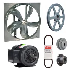 Unassembled belt-drive panel exhaust fan with a 36-inch blade, 1/2 hp motor, and 12,492 cfm airflow. Features a 3-phase, totally enclosed fan-cooled motor with Class B insulation, rated for 208-230/460V AC. Steel frame with zinc-plated finish. Suitable for high-volume air exchange in industrial and commercial spaces such as factories and warehouses.