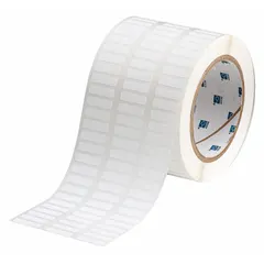 White matte precut label roll for thermal transfer printing. Label height 1/4 in, width 29/32 in, roll length 1/4 in. Compatible with BBP11 printer series. Used for on-demand identification labels in industrial and cryogenic environments.