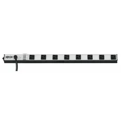 Industrial power strip with 8 outlets, 15 ft cord, and 15 A rating. Features a 5-15P plug and UL 1363 listing. Gray housing with 1 1/2 in width. Clip mounting style for secure attachment to workbenches or equipment racks in industrial or commercial settings.