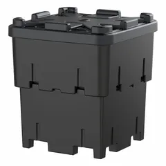 R&B WIRE PRODUCTS INC. Stackable Bulk Containers with Lids: 33 cu ft, 44 in x 44 in x 48 1/2 in (MPN ROTO-920/BLK). Key specifications — Brand: R&B WIRE PRODUCTS INC.; Stackable: Stacking Capable; Shape: Square; Runner Location: Long Side; Fork Entry: 4-Way Entry; Container Wall Type: Solid; Mobility: Stationary; Collapsible: Collapsible.