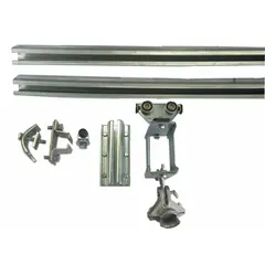 This track festoon kit includes a 40-foot C-rail track and end stops. It requires a minimum of 64 feet of round cable or hose. Used for routing and supporting cables in overhead crane systems or moving machinery.