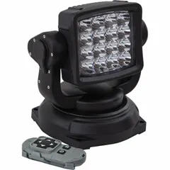 This vehicle remote-controlled spotlight features an LED spot beam with a black housing. It includes a handheld remote controller for operation and a magnetic mount for permanent installation. Electrical connection is made via an auxiliary power connector. Suitable for off-road, emergency, or work-truck applications requiring a directed beam.