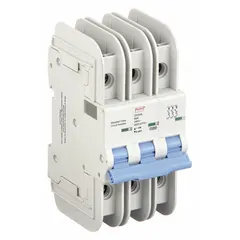 This 3-pole miniature circuit breaker features a B-Curve trip characteristic for overcurrent protection in resistive and lighting load applications. Rated 2 A with a maximum interrupting rating of 10 kA at 480 V AC, it mounts on a DIN rail and uses lug terminals. Not rated for DC voltage.