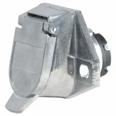 This CURT 7-way electrical plug is designed for vehicle-side trailer wiring connections. It features a plastic housing and an integrated dust cover to protect the terminals when not in use. Commonly used in towing applications to connect trailer lights, brakes, and turn signals.