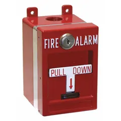 Wall-mount pull station for manual fire alarm initiation. Rated 10 A at 120 V AC with DPST contact form. Red body with 'Fire Alarm' marking. ULC certified. Overall width 3 in. Suitable for use in commercial and industrial fire alarm systems.