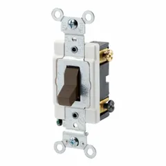 This 3-way toggle wall switch provides maintained on/off control of a lighting load from two locations. Rated for 20 A at 120/277 V AC, it features a brown finish and is non-illuminated. Suitable for commercial and industrial switching applications where two-point control is required.