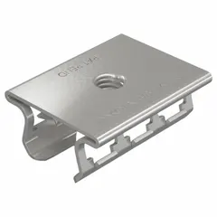 Spring steel Smart-Receiver for 7/8 in x 13/16 in strut channel. Gray SST finish with corrosion protection. Used to secure threaded rod or hardware to strut channel in industrial framing systems for electrical, mechanical, and plumbing installations.