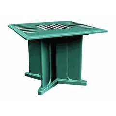 Square X-base table with a built-in game top, 42 inches wide by 42 inches deep. Constructed of polyethylene and designed to accept ballast for stability. Suitable for recreational use in outdoor or commercial settings such as patios, break rooms, or hospitality areas.