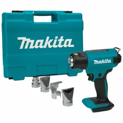 The MAKITA XGH01ZK is a cordless 18V DC heat gun with a brushless motor and fixed temperature of 1,022°F. Features a trigger lock for continuous operation. Sold as tool only, requires battery and charger. Suitable for shrink tubing, paint stripping, thawing pipes, bending plastic, and drying adhesives.