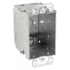 Steel cut-in electrical box for single-gang installations in walls or ceilings. Designed for retrofit or new construction where mounting between studs is required. Features KO clamp style for cable entry without a bracket. Box dimensions: 2-3/4 in depth, 2-1/8 in width.