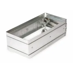 Rectangular fire damper with curtain blade and spring closure, designed for horizontal mounting. Measures 5 3/4 inches in height, 9 3/4 inches in width, and 3 3/4 inches in length. Used in HVAC systems to prevent flame and smoke spread through ductwork in fire-rated partitions.