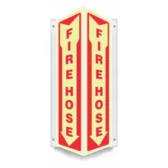 V-shaped projection sign for marking fire hose locations. Made of PETG with a thickness of 0.07 in. Features mounting holes for wall installation and glow-in-the-dark properties for visibility in low light. Nominal sign size is 18 in x 7 1/2 in. Not retroreflective.