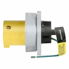 This LEVITON pin and sleeve inlet is washdown-rated for use in wet or dusty industrial environments. It provides a 125V AC, 60 A, three-phase power connection with 2 poles and 3 wires, featuring IEC grounding. The yellow housing offers high visibility for safety compliance. Typical applications include food processing, washdown areas, and harsh manufacturing settings.