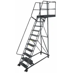 This unsupported cantilever ladder from BALLYMORE provides a 9.2 ft platform height for accessing elevated work areas. Constructed of steel with a gray finish, it includes double handrails and locking casters for stability and mobility. The ladder is supplied unassembled and is suitable for industrial and warehouse applications such as maintenance, stocking, and assembly tasks.