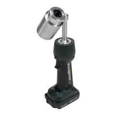 This cordless knockout punch system operates on 18V DC and punches holes up to 4 inches in steel with a maximum thickness of 10 gauge. The kit includes one 2.0 Ah battery and one charger. Used for cutting clean holes in steel panels, enclosures, and sheet metal.