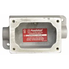 This 1-gang hazardous location electrical box is constructed of aluminum and features a 1-inch feed-through hub. With a 7-inch overall height, it provides a secure enclosure for electrical connections in environments where flammable gases, vapors, or dust may be present. Suitable for use in classified areas such as refineries and chemical plants.