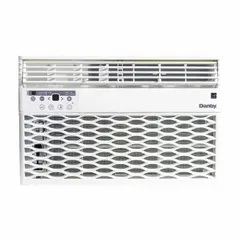 Residential-grade window air conditioner for cooling only. Provides 10,000 BtuH cooling capacity for spaces up to 450 sq ft. Operates on 115V AC with a NEMA 5-15P plug. Includes remote control. Measures 14 5/8 in x 19 in x 21 7/16 in. CEER rating of 12.0.