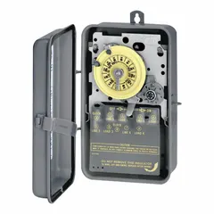 The INTERMATIC T173R is a 24-hour electromechanical timer switch with a double-pole single-throw (DPST) switching configuration, rated for 120V AC. It features a metal body and surface-mount design, suitable for outdoor use. This timer provides time-based control for applications such as lighting, pumps, and ventilation systems in commercial or industrial settings.