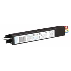 Instant start electronic ballast for operating three or four T8 fluorescent lamps. Supports 17W, 25W, 28W, 32W, and 40W lamp wattages at 120 to 277V AC input. Suitable for commercial and industrial lighting fixtures in offices, warehouses, and retail spaces.