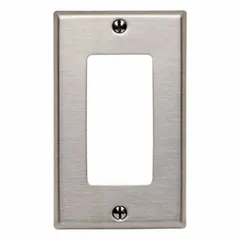 Single-gang, standard-size wall plate for duplex outlets. Constructed of stainless steel with a silver finish. Suitable for covering and protecting electrical outlets in residential, commercial, and industrial settings.