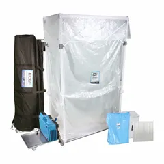 This particle containment unit measures 60 inches in length and 120 inches in height. It is used to isolate work areas during construction or maintenance, preventing the spread of airborne contaminants in environments requiring controlled air quality.