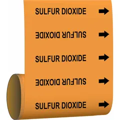 Orange adhesive pipe markers with black legend text reading 'Sulfur Dioxide' and directional arrows. Each roll contains 30 markers designed for pipe outer diameters of 2 inches and smaller. Used to identify sulfur dioxide piping in industrial facilities for hazard communication and safety compliance.