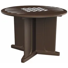 Polyethylene round table with X-base, 42-inch diameter, brown finish. Includes game top and accepts ballast for stability. Suitable for break rooms, cafeterias, or outdoor seating areas.