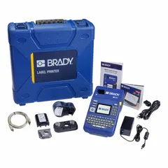 Portable label printer with 300 dpi printhead resolution, 1-1/2" label width, no wireless connectivity. Includes battery, USB flash drive, Brady Workstation software, and indoor/outdoor vinyl label cartridge (M5C-1500-595-WT-BK). Suitable for on-site identification of cables, panels, and equipment in industrial and electrical environments.