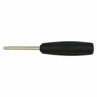Steel valve core torque tool with plastic/steel construction. Features a slip-clutch mechanism that causes the tool to slip after proper torque is reached. Includes a core remover. Overall length 3 in, overall width 3/4 in. Used for installing or removing valve cores in tire valves
