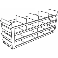 This stainless steel cold storage rack includes slide-out trays for organized storage in freezers. With an overall length of 22 inches and width of 5 1/2 inches, it is suitable for use in commercial freezers, laboratories, and cold rooms.