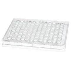 This 96-well cell culture plate is made of colorless polystyrene and features a 0.3 mL well volume. The plate is tissue culture treated, sterile, and RNase/DNase free, supporting cell attachment and growth in laboratory cell culture applications.