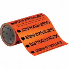 Orange adhesive pipe markers with black legend text reading 'Sodium Hypochlorite', designed for pipes with outer diameter up to 2 inches. Each roll contains 30 markers with directional arrows, suitable for identifying sodium hypochlorite lines in industrial piping systems.