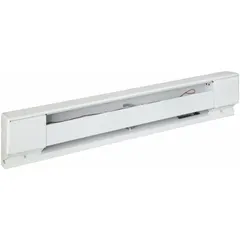 This residential-grade electric baseboard heater delivers 750W of convection heating at 120V AC. The conventional white housing is designed for wall-mounted installation in small rooms or supplemental heating zones. Thermostat is not included.