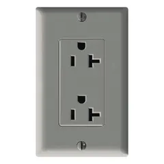 This decorator duplex receptacle is rated 20 A at 125 V AC with a NEMA 5-20 configuration (2-pole/3-wire grounding). The gray finish is designed for flush mounting in standard wall boxes. Suitable for general-purpose outlets in commercial and industrial environments.