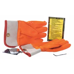 Orange PVC gloves designed as safety supplies for handling propane-powered forklift components. Suitable for maintenance or refueling tasks in industrial settings, providing hand protection and grip during propane-related operations.