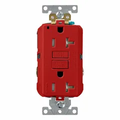 General purpose duplex receptacle with ground fault circuit interrupter (GFCI) protection. Rated 125V AC, 20A, NEMA 5-20 configuration, 2-pole/3-wire. Red housing for high-visibility identification. Suitable for use in commercial and industrial locations where GFCI protection is required.