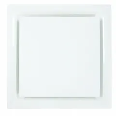 This square cone diffuser is designed for ceiling mounting in HVAC systems, distributing conditioned air into a room. It features a 23 3/4 in by 23 3/4 in lay-in configuration for standard ceiling grids, a 14 in duct connection, and is constructed of white plastic with insulation to reduce condensation and noise. The square plaque design does not include adjustable blades.